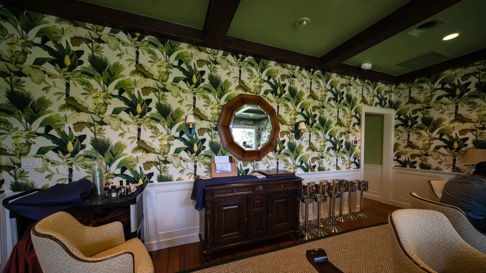 Card Sound Clubhouse powder room with botanical mural wallcovering, installed by Wallcovering Pro