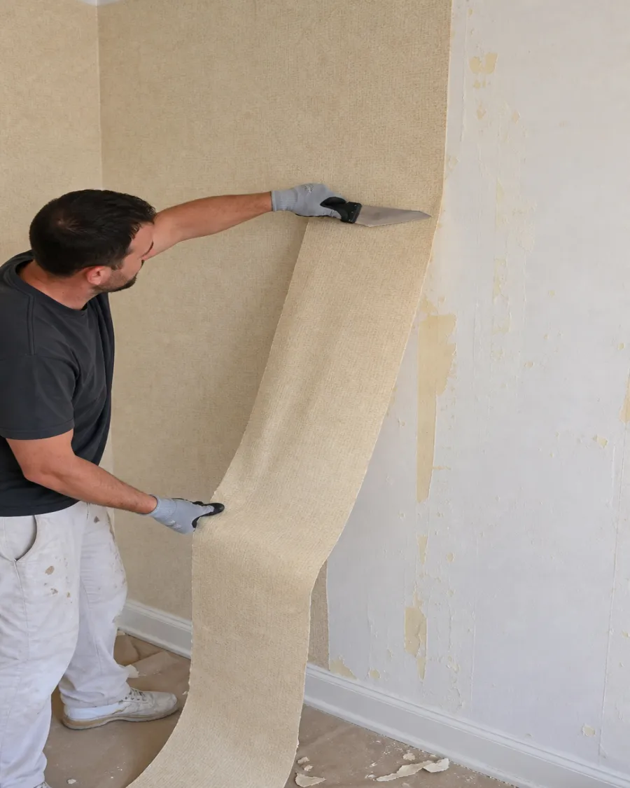 Wallpaper being carefully removed with a professional scraper